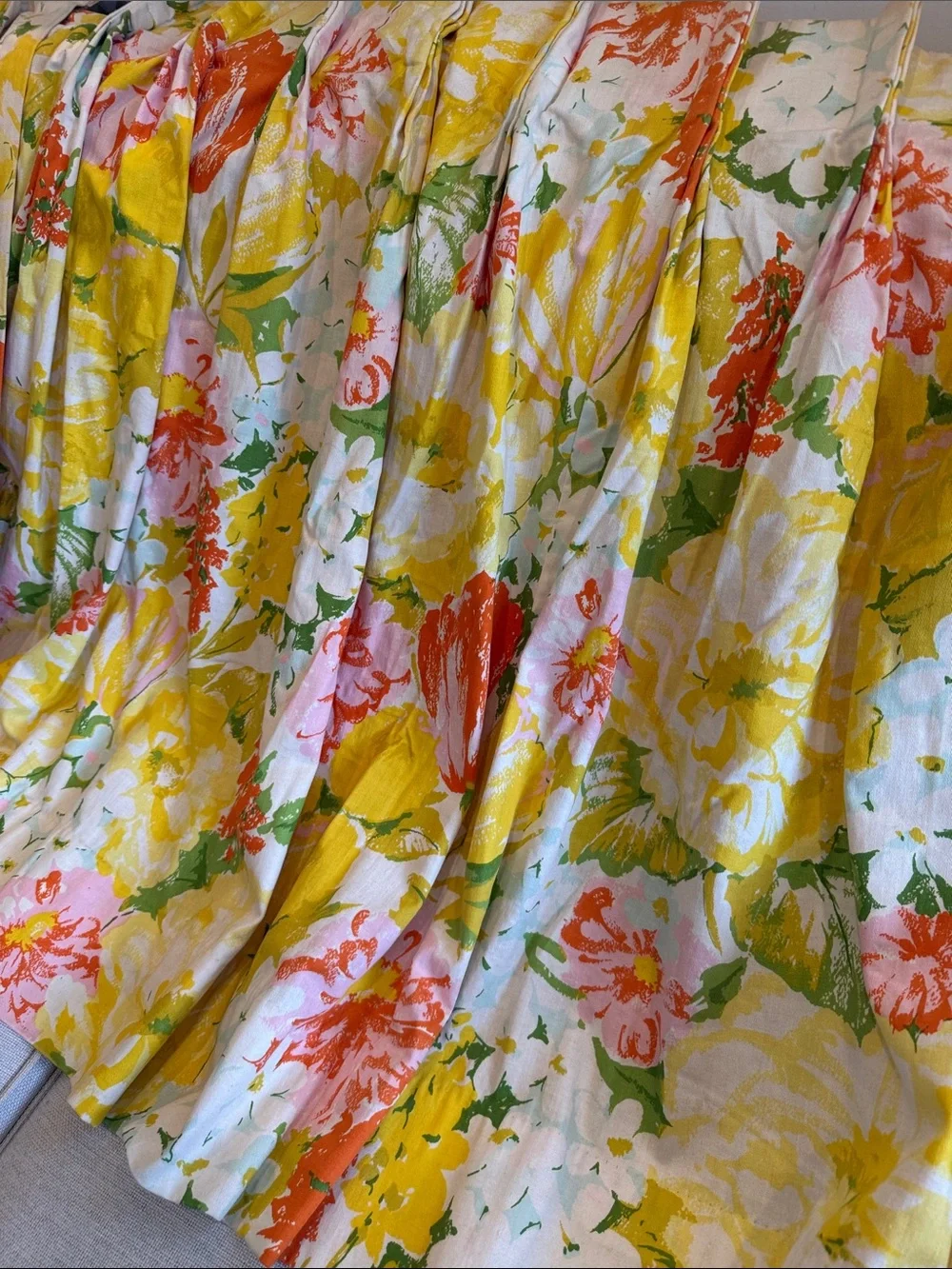Mid Century Cohama Floral Pleated Curtain Panels Camellia Yellow, Orange, Green